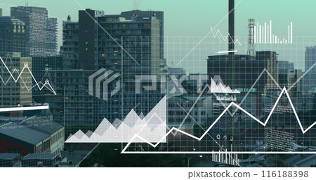 Image of multiple graphs, map, icons and computer language over modern city in background 116188398