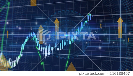 Image of arrow icons and financial data processing over round scanner and light trails 116188407