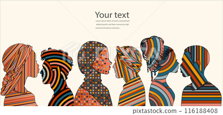 Side-view Silhouettes of people from Various Cultures. People Diversity. Anti-racism Concept for Racial Equality. Social Inclusion. Gender Equality.Multicultural Society.Community.Banner 116188408