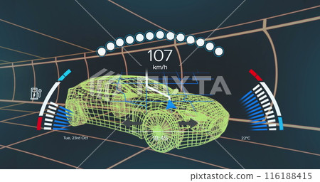 Image of speedometer data processing over 3d car drawing 116188415