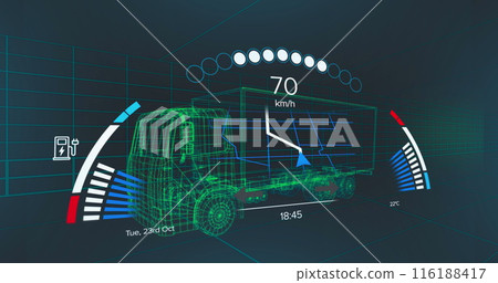 Image of speedometer data processing over 3d truck drawing 116188417