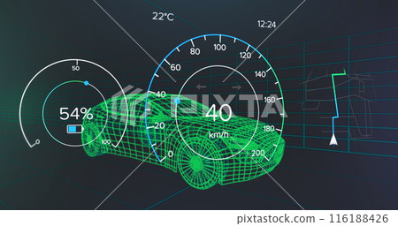 Image of speedometer data processing over 3d car drawing Image of speedometer data processing over 3d car drawing 116188426