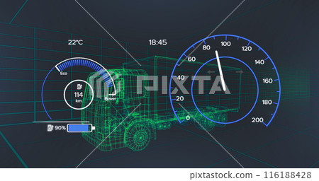 Image of speedometer data processing over 3d truck drawing Image of speedometer data processing over 3d truck drawing 116188428