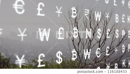 Image of financial icons and currency symbols processing over cityscape 116188433
