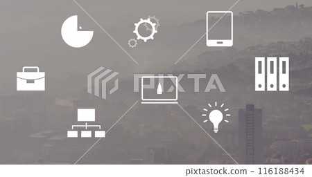 Image of financial icons and data processing over cityscape 116188434