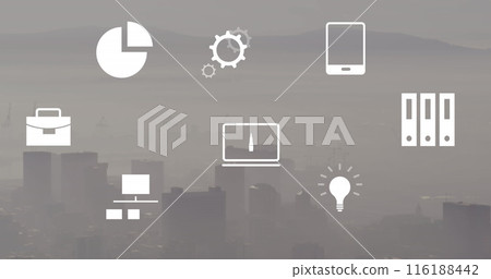 Image of icona and financial data processing over cityscape Image of icona and financial data processing over cityscape 116188442