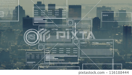 Image of financial data processing over cityscape Image of financial data processing over cityscape 116188444