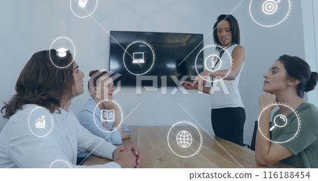 Image of icons and data processing over diverse business people in office Image of icons and data processing over diverse business people in office 116188454