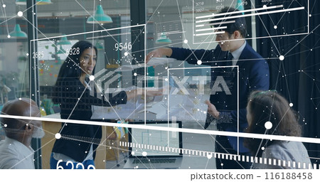 Image of screens with data processing over diverse business people in office 116188458