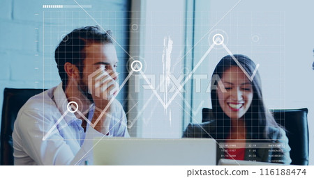 Image of world map and financial data processing over diverse business people in office Image of world map and financial data processing over diverse business people in office 116188474
