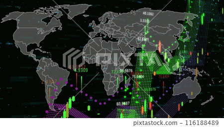 Image of globe of network of connections with icons over world map Image of globe of network of connections with icons over world map 116188489