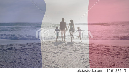 Image of flag of france over biracial couple with children walking at beach 116188545