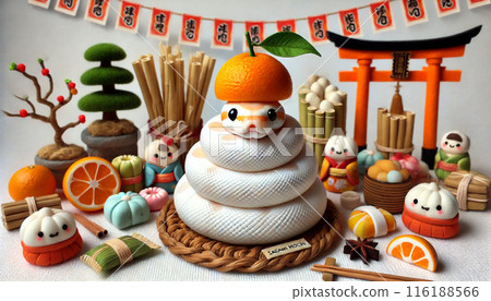 A cute ball python disguised as a New Year's decoration, Kagami-mochi 116188566