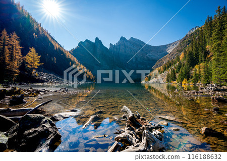 Lake Agnes in fall season. Banff National Park Landscape Photography. Canadian Rockies Autumn Scenery. Alberta, Canada. Lake Agnes in fall season. Banff National Park Landscape Photography. Canadian Rockies Autumn Scenery. Alberta, Canada. 116188632