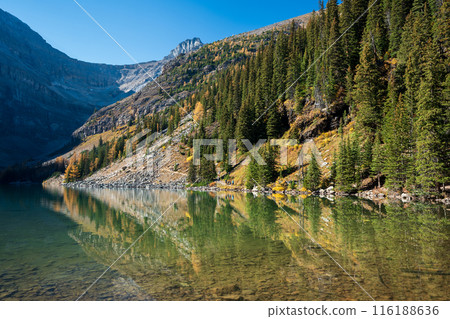 Lake Agnes in fall season. Banff National Park Landscape Photography. Canadian Rockies Autumn Scenery. Alberta, Canada. Lake Agnes in fall season. Banff National Park Landscape Photography. Canadian Rockies Autumn Scenery. Alberta, Canada. 116188636