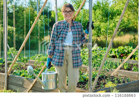 Portrait of woman with watering can, background of garden with raised beds Portrait of woman with watering can, background of garden with raised beds 116188663