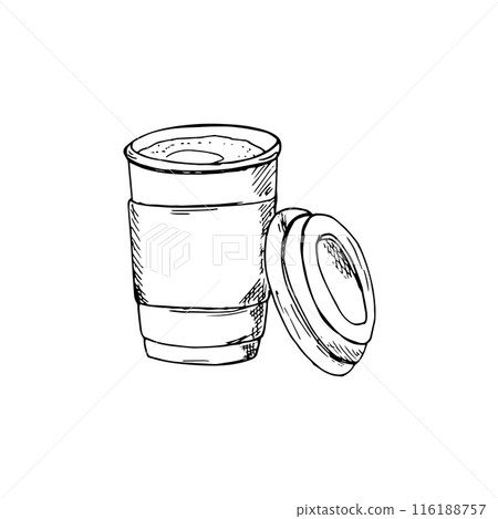 Paper cup filled with coffee. Opened kraft coffee cup with a lid. Hand-drawn isolated illustration Paper cup filled with coffee. Opened kraft coffee cup with a lid. Hand-drawn isolated illustration 116188757