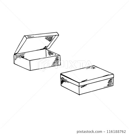 Kraft box in doodle style. Closed and opened paper box. Hand-drawn illustration on white background. Kraft box in doodle style. Closed and opened paper box. Hand-drawn illustration on white background. 116188762
