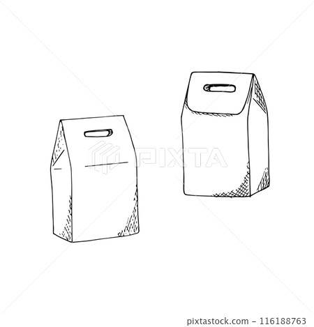 Hand-drawn paper Lunch Bag. Packaging for sandwiches, food, gifts, and other products. Isolated on white background Hand-drawn paper Lunch Bag. Packaging for sandwiches, food, gifts, and other products. Isolated on white background 116188763