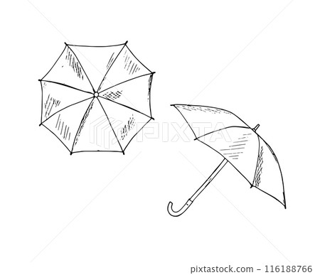 Hand-drawn set of umbrellas in various positions. Opened umbrellas. Doodle style Vector illustration isolated on white. Hand-drawn set of umbrellas in various positions. Opened umbrellas. Doodle style Vector illustration isolated on white. 116188766