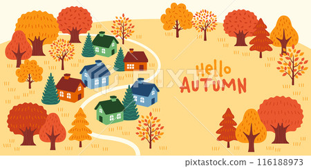 秋天背景素材：可愛的房子和秋葉風景 116188973