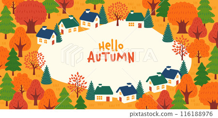 秋天背景素材：可愛的房子和秋葉風景 116188976