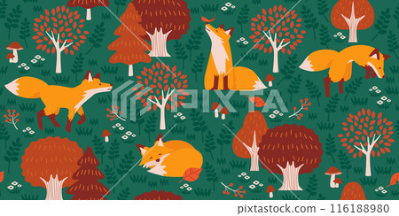 秋季森林無縫圖案與可愛的狐狸 秋季森林無縫圖案與可愛的狐狸 116188980