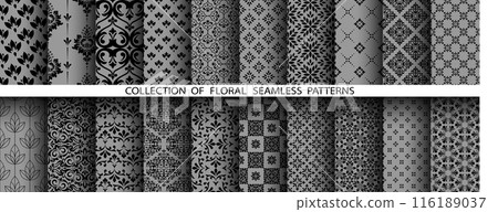 Geometric floral set of seamless patterns. Gray and black vector backgrounds. Damask graphic ornaments 116189037