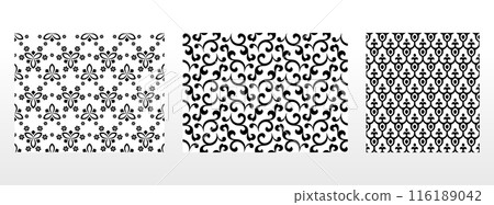 Geometric floral set of seamless patterns. White and black vector backgrounds. Damask graphic ornaments. 116189042