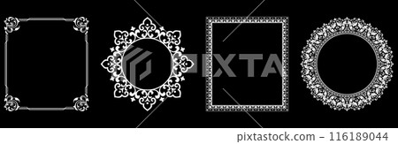 Set of decorative frames Elegant vector element for design in Eastern style, place for text. Floral black and white borders. Lace illustration for invitations and greeting cards. 116189044