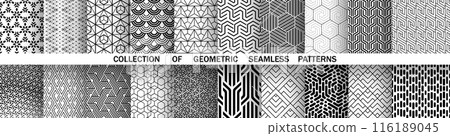 Geometric set of seamless black and white patterns. Simple vector graphics. 116189045
