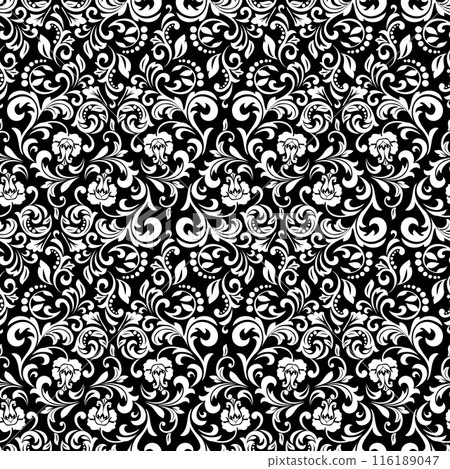 Floral pattern. Vintage wallpaper in the Baroque style. Seamless vector background. White and black ornament for fabric, wallpaper, packaging. Ornate Damask flower ornament Floral pattern. Vintage wallpaper in the Baroque style. Seamless vector background. White and black ornament for fabric, wallpaper, packaging. Ornate Damask flower ornament 116189047