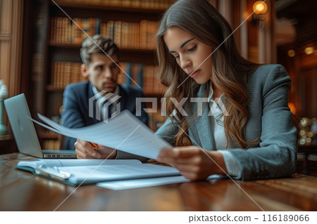 Woman lawyer reading a piece of paper and she is focused on it is sitting at a desk with a man in a suit behind her 116189066
