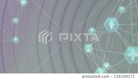 Image of globes of medical icons spinning over concentric circles on white background Image of globes of medical icons spinning over concentric circles on white background 116189171