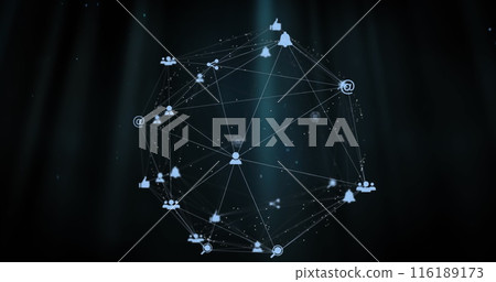 Image of globe of digital icons spinning and blue light trails against black background 116189173
