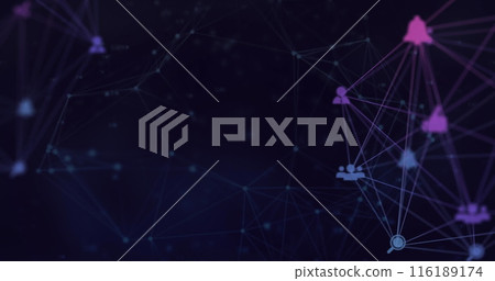Image of network of connections and globe of digital icons spinning against black background Image of network of connections and globe of digital icons spinning against black background 116189174