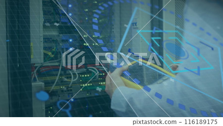 Image of scope and round scanner over mid section of male engineer working at server room Image of scope and round scanner over mid section of male engineer working at server room 116189175