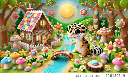 Cute leopard gecko drinking water from a glass 116189349