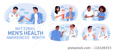 Doctor talking to patient in hospital. Awareness of BPH, prostate cancer, bladder cancer and men's health. Doctor talking to patient in hospital. Awareness of BPH, prostate cancer, bladder cancer and men's health. 116189353
