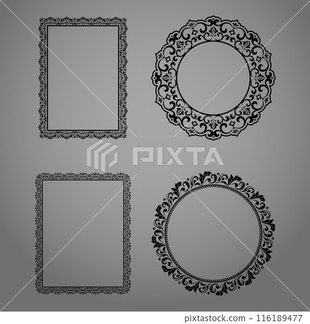Set of decorative frames Elegant vector element for design in Eastern style, place for text. Floral black and gray borders. Lace illustration for invitations and greeting cards Set of decorative frames Elegant vector element for design in Eastern style, place for text. Floral black and gray borders. Lace illustration for invitations and greeting cards 116189477