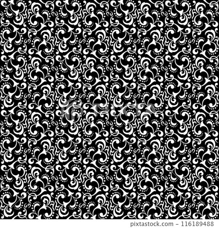 Floral pattern. Vintage wallpaper in the Baroque style. Seamless vector background. White and black ornament for fabric, wallpaper, packaging. Ornate Damask flower ornament. Floral pattern. Vintage wallpaper in the Baroque style. Seamless vector background. White and black ornament for fabric, wallpaper, packaging. Ornate Damask flower ornament. 116189488