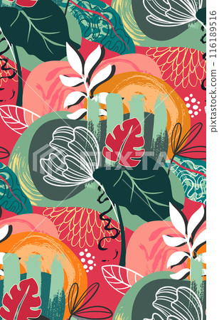 Vector seamless pattern with bright flowers and leaves. Endless floral background. 116189516