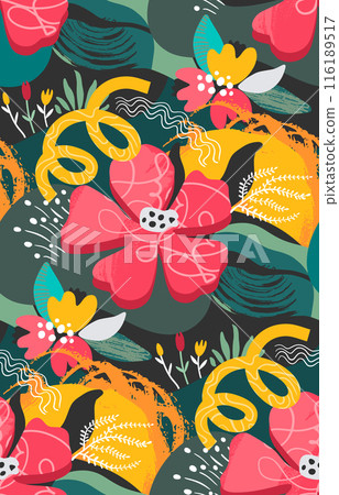 Vector seamless pattern with bright flowers and leaves. Endless floral background. Vector seamless pattern with bright flowers and leaves. Endless floral background. 116189517