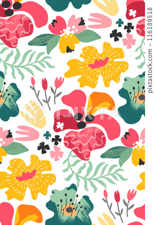 Vector seamless pattern with bright flowers and leaves. Endless floral background. Vector seamless pattern with bright flowers and leaves. Endless floral background. 116189518