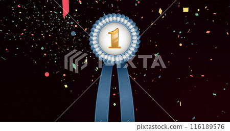 Image of medal with gold number one and blue ribbon and confetti floating on black background Image of medal with gold number one and blue ribbon and confetti floating on black background 116189576