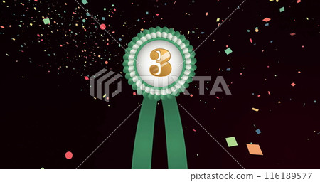 Image of medal with gold number three and green ribbon and confetti floating on black background 116189577