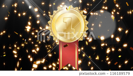 Image of gold medal and confetti floating on black background Image of gold medal and confetti floating on black background 116189579