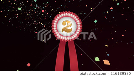 Image of medal with gold number two and red ribbon and confetti floating on black background Image of medal with gold number two and red ribbon and confetti floating on black background 116189580