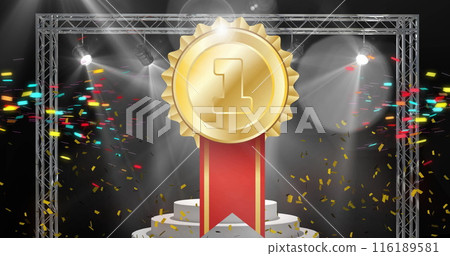 Image of gold medal and confetti floating on black background 116189581