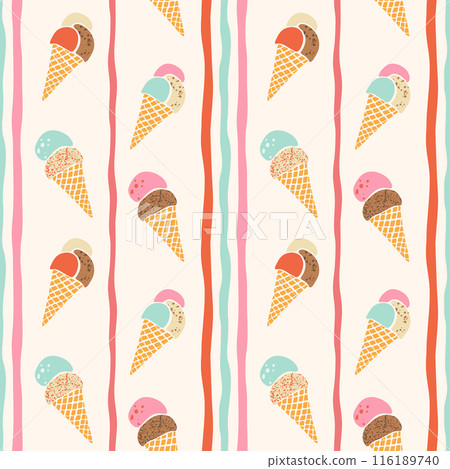 Vector ice-cream waffle cones seamless pattern. Cute hand drawn colorful flavored gelato and wavy vertical stripes repeat design in muted retro colors on cream off white background. Summer dessert 116189740